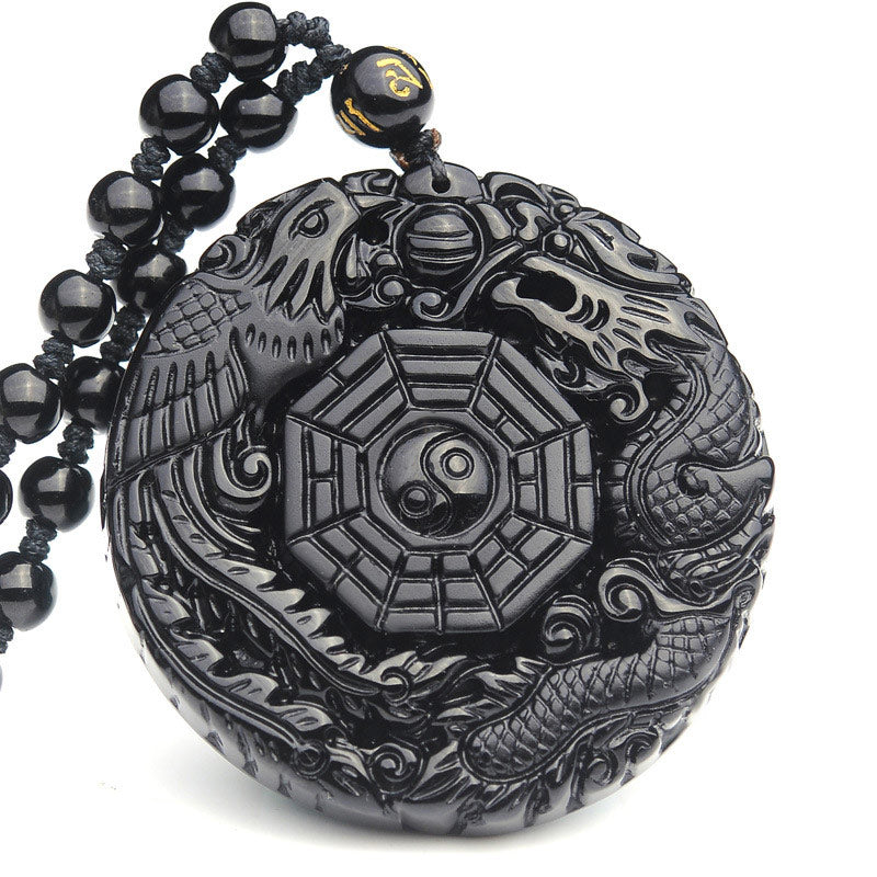 Karma Stone Bagua Dragon Phoenix Obsidian Fulfilment Pendant Necklace