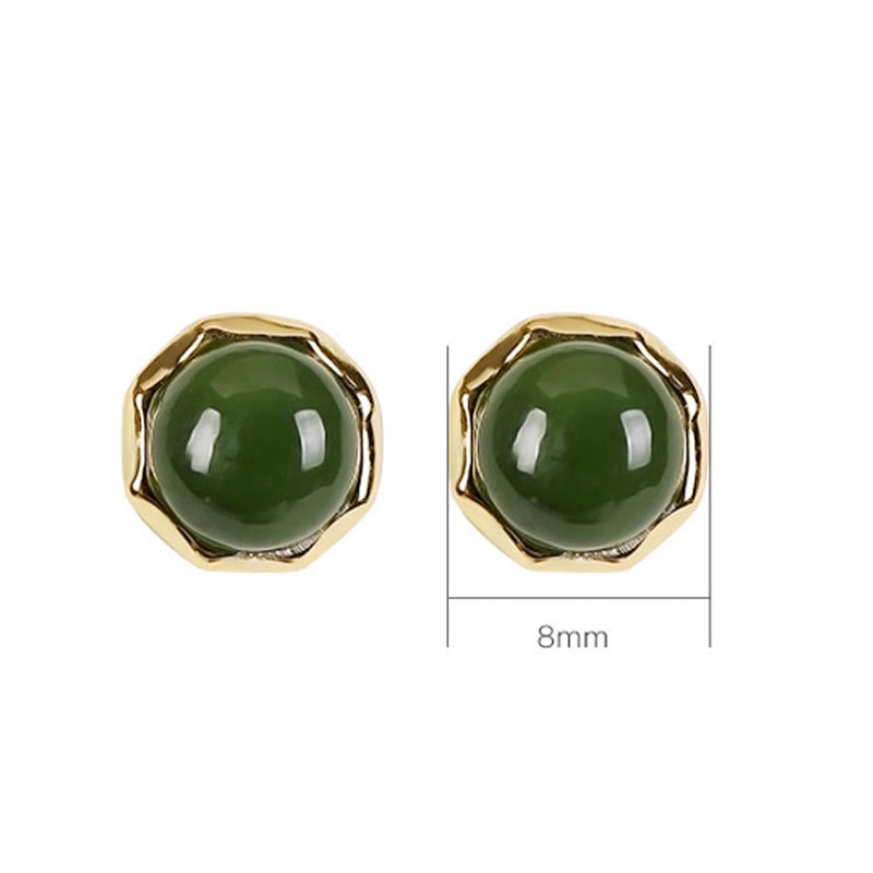 Karma Stone 925 Sterling Silver Plated Gold Natural Hetian Cyan Jade Bead Luck Stud Earrings