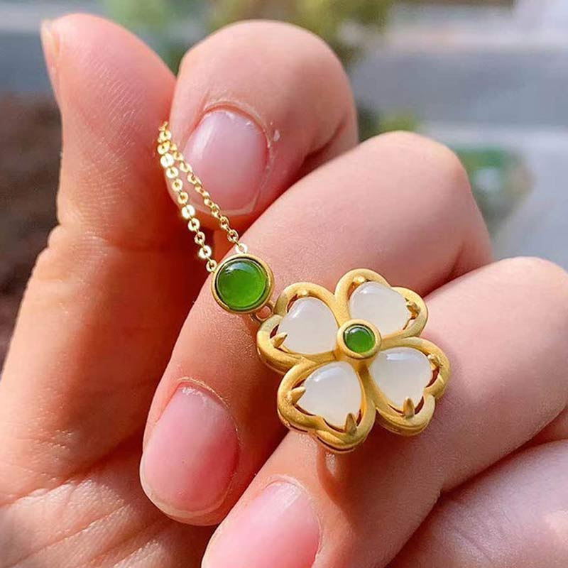 Karma Stone 925 Sterling Silver Lucky Four Leaf Clover Jade Prosperity Necklace Chain Pendant