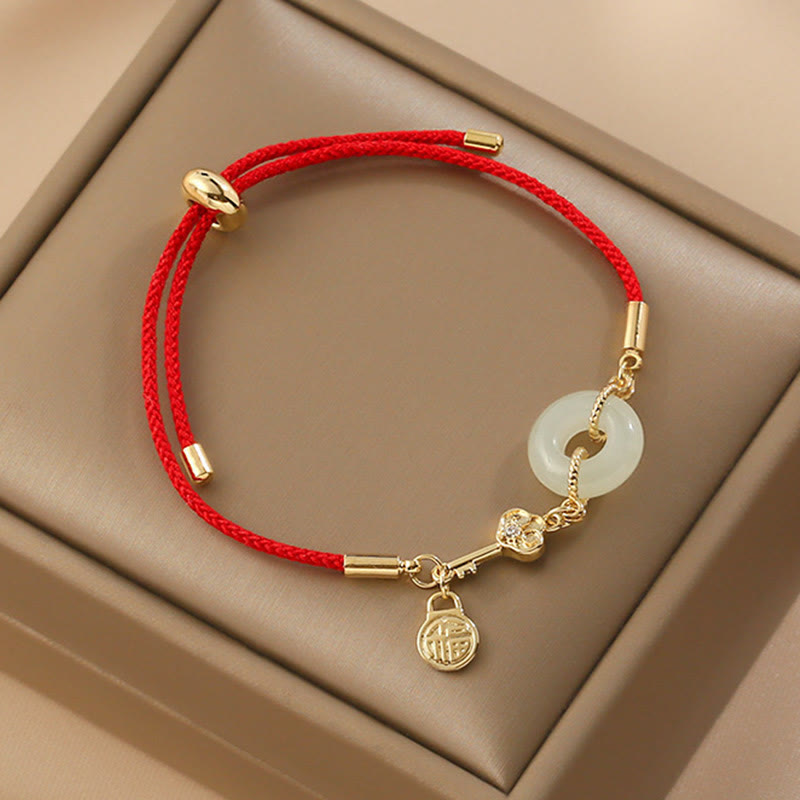 Karma Stone 18K Gold Plated Hetian Jade Peace Buckle Fu Character Luck Red Rope Bracelet