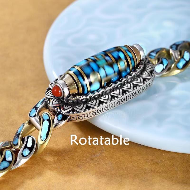 Karma Stone Tibetan Nine-Eye Dzi Bead Om Mani Padme Hum Turquoise Protection Rotatable Bracelet