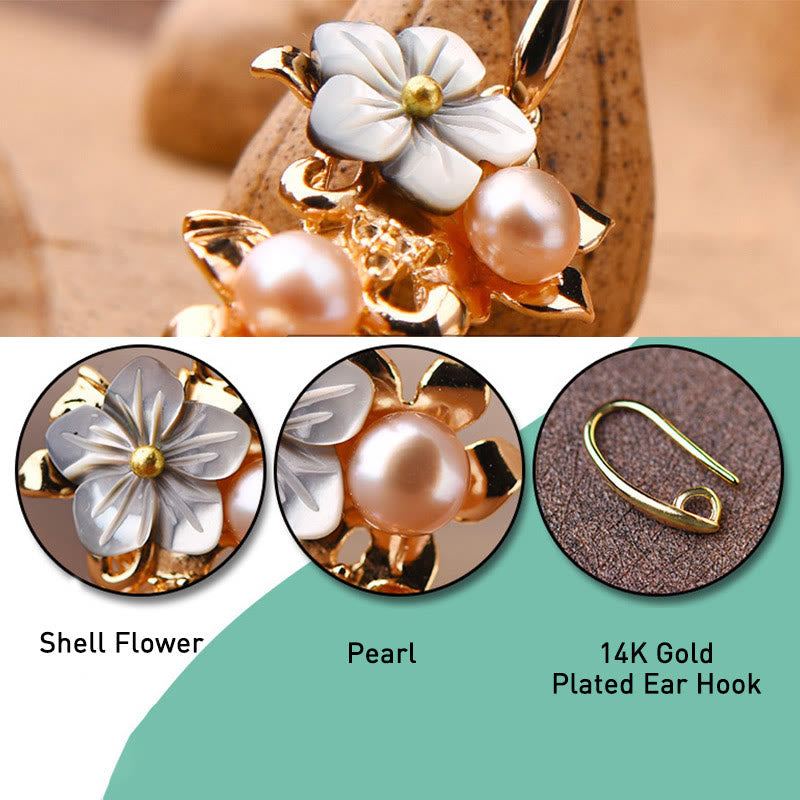 Karma Stone 14K Gold Plated Tridacna Stone Flower Pearl Green Aventurine Bead Drop Earrings