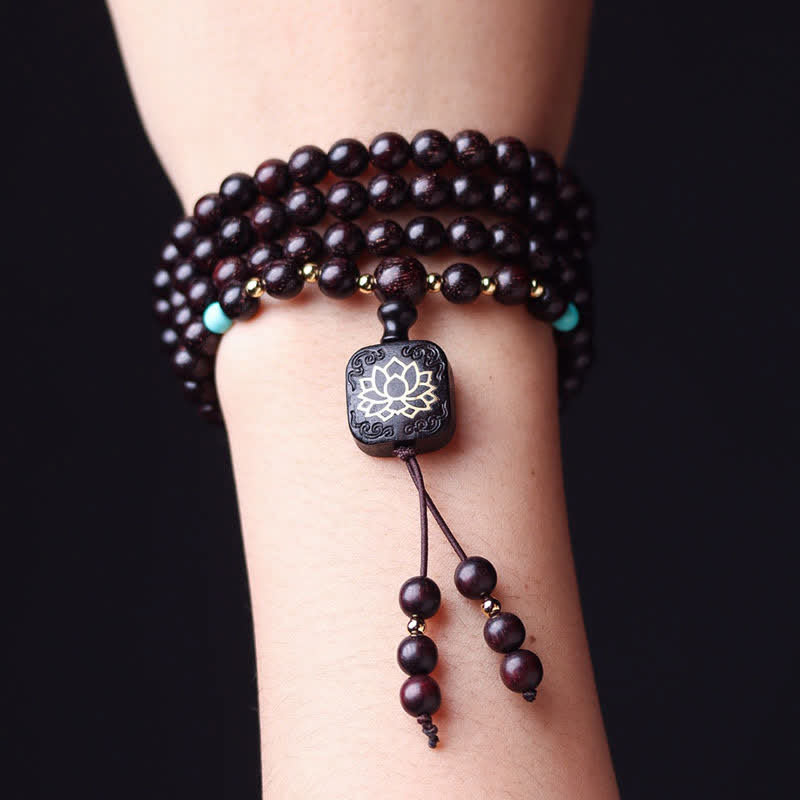 Karma Stone 108 Mala Beads Tibetan Small Leaf Red Sandalwood Lotus Balance Bracelet