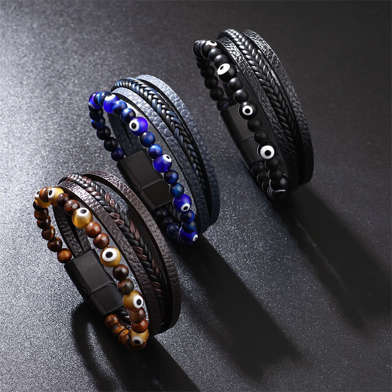 Karma Stone Evil Eye Tiger Eye Protection Beaded Multilayered Braided Bracelet