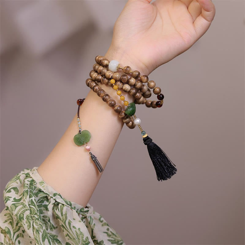 Karma Stone Natural Agarwood Amber Jade Ingot Tassel Ruyi Charm Bracelet