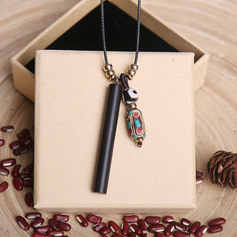 Karma Stone Tibetan Ebony Wood Dzi Bead Peace Calm Necklace Pendant