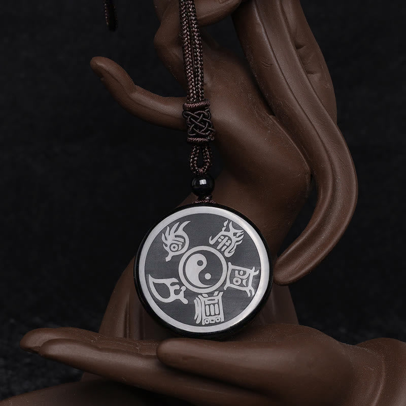 Karma Stone Black Obsidian Taoism Five Sacred Mountains Nine-Character Mantra Carved Purification Yin Yang Necklace Pendant