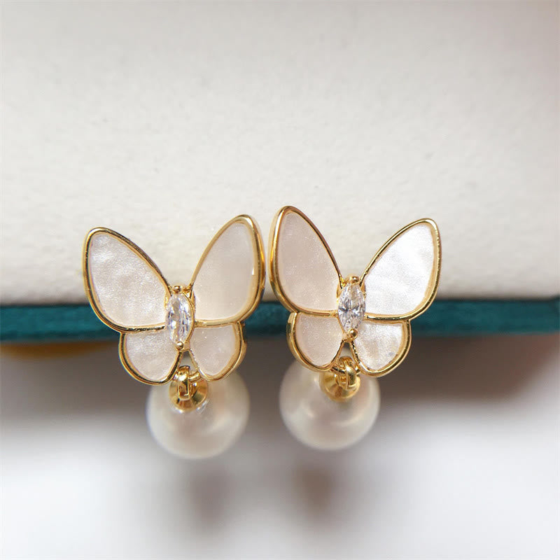 Karma Stone 925 Sterling Silver Posts 18K Gold Plated Copper Pearl Butterfly Optimism Stud Earrings