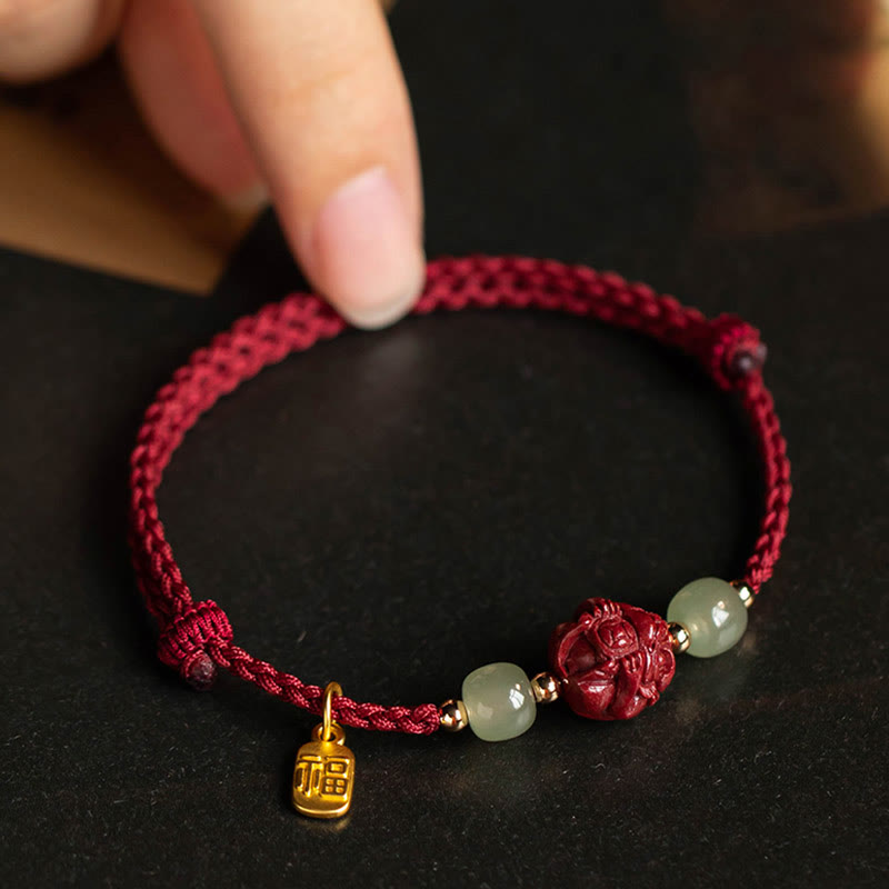 Karma Stone Natural Cinnabar Chinese Zodiac Hetian Jade Fu Character Luck Rope Bracelet