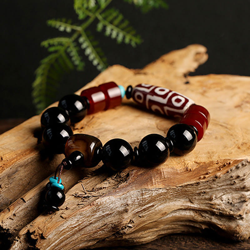 Karma Stone Nine-Eyed Dzi Bead Black Agate Fortune Tibetan Bracelet Protection Bracelets