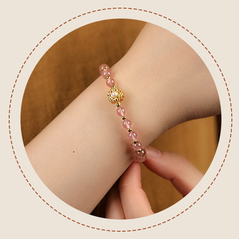 Karma Stone 14K Gold Plated Natural Strawberry Quartz Labradorite Sun Stone Fu Character Positive Charm Bracelet