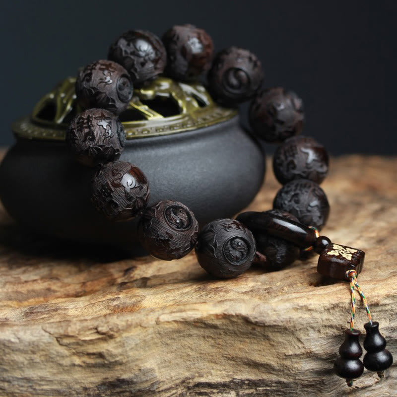 Karma Stone Ebony Wood Chinese Character Yin Yang Engraved Gourd Balance Bracelet