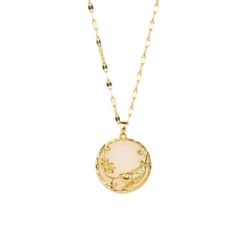 Karma Stone Natural Jade Koi Fish Lotus Luck Necklace Pendant