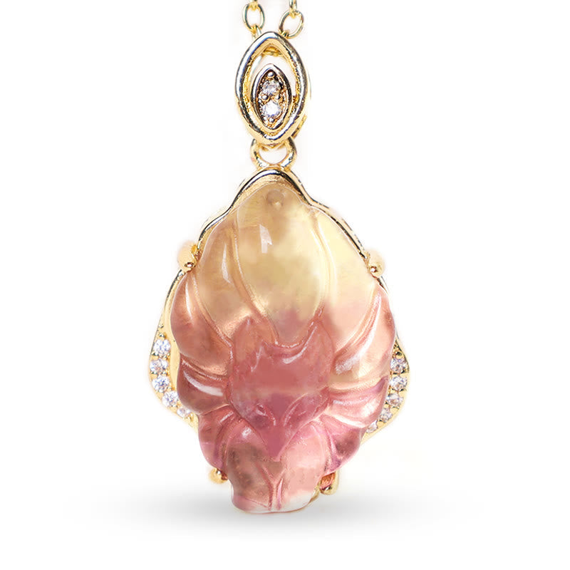 Karma Stone Natural Colorful Fluorite Nine Tailed Fox Protection Necklace Pendant