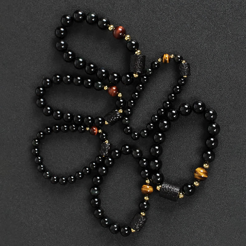 Karma Stone Black Obsidian Ebony Wood Red Tiger Eye Strength Couple Bracelet