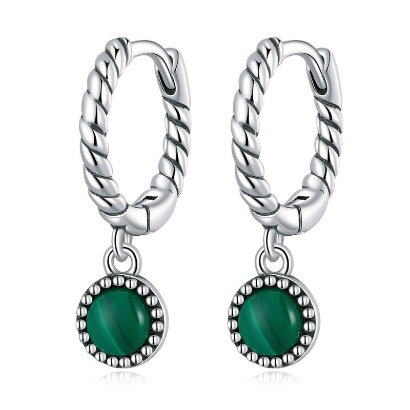 Karma Stone 925 Sterling Silver Round Malachite Anti-Anxiety Drop Earrings