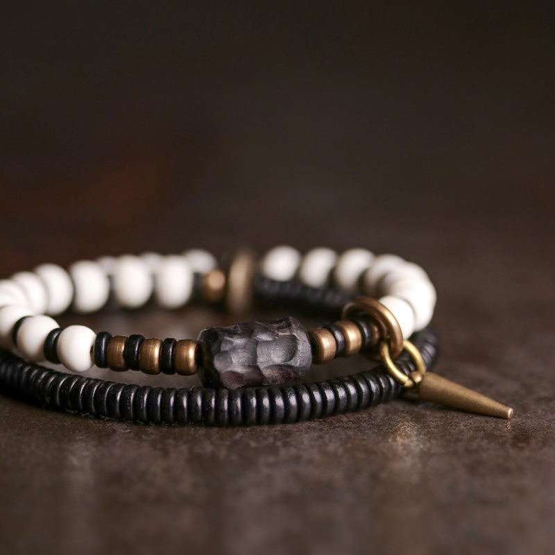 Karma Stone Yak Bone Ebony Wood Copper Strength Couple Bracelet