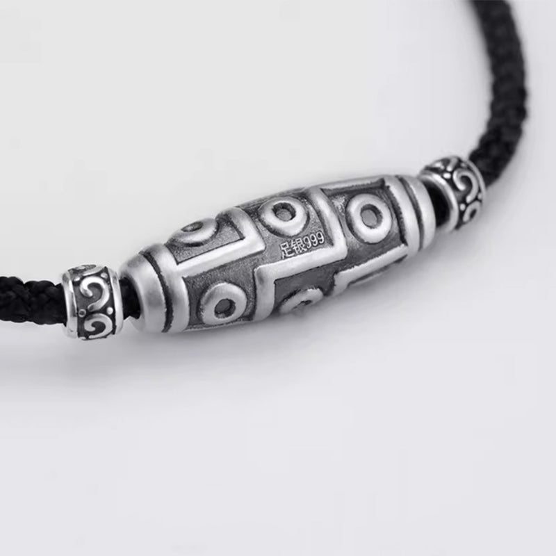Karma Stone 999 Sterling Silver Nine-Eye Dzi Bead Pattern Protection Rope Necklace Pendant