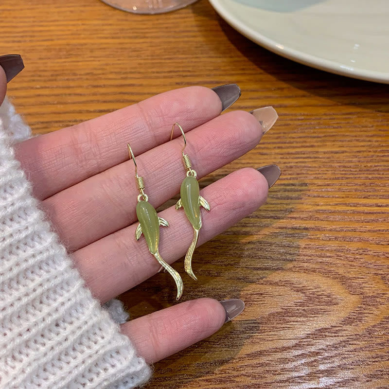 Karma Stone Fish Pattern Jade Luck Dangle Drop Earrings