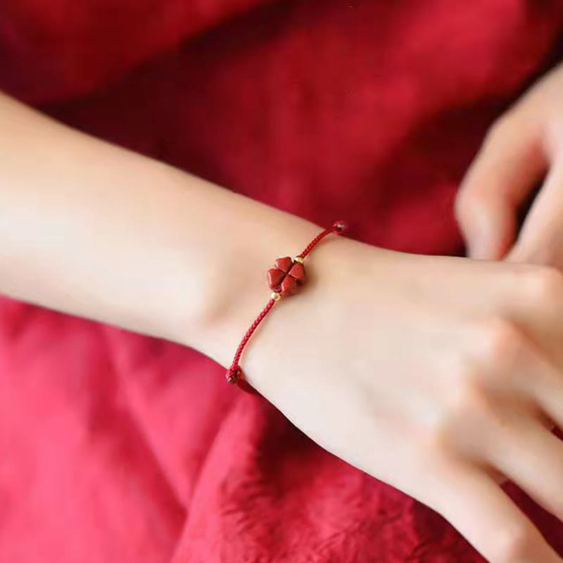 Karma Stone Natural Cinnabar Four Leaf Clover Blessing Red String Bracelet Anklet