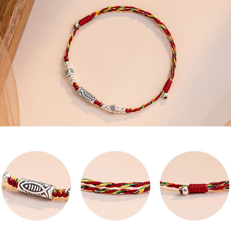 Karma Stone 925 Sterling Silver Luck Koi Fish Braided Colorful String Bracelet Anklet