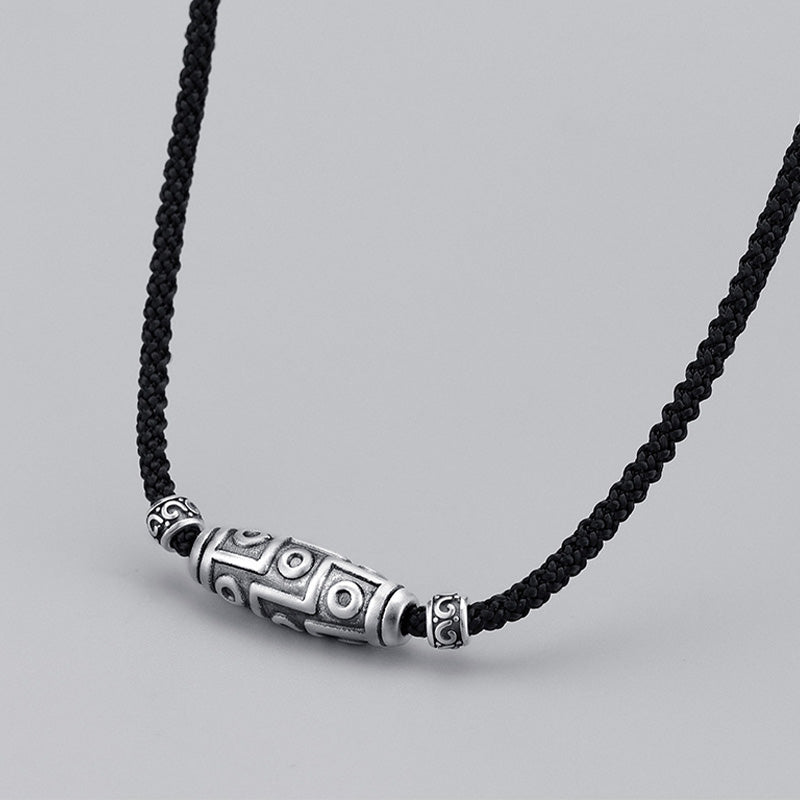Karma Stone 999 Sterling Silver Nine-Eye Dzi Bead Pattern Protection Rope Necklace Pendant