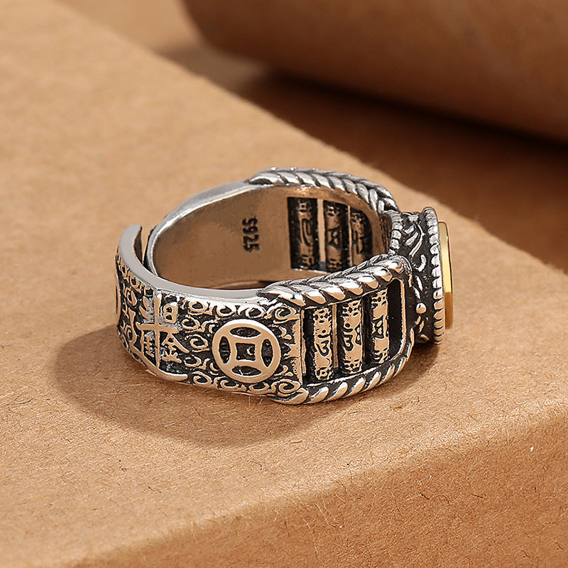 Karma Stone Tibetan Om Mani Padme Hum Carved Design Copper Coin Purity Rotatable Ring