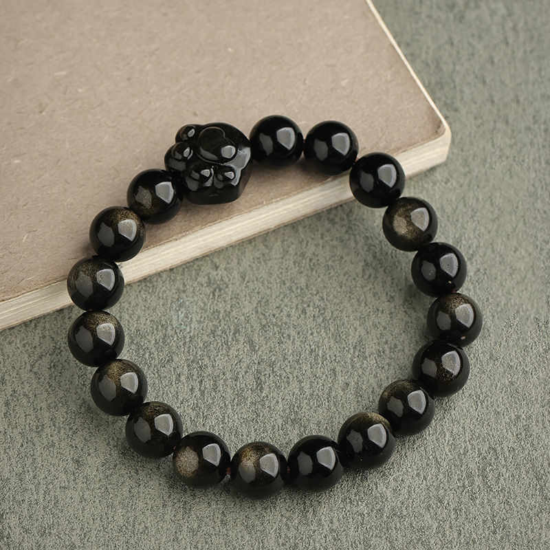 Karma Stone Gold Sheen Obsidian Silver Sheen Obsidian Lovely Paw Lucky Cat Protection Bracelet