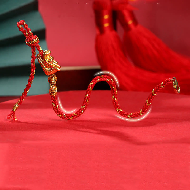 Karma Stone 999 Sterling Silver Handcrafted Dragon Luck Eight Thread Knot Red String Braided Bracelet