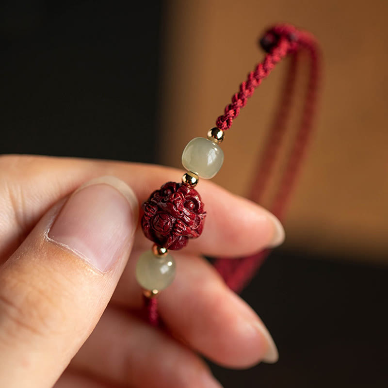 Karma Stone Natural Cinnabar Chinese Zodiac Hetian Jade Fu Character Luck Rope Bracelet
