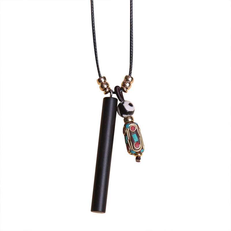 Karma Stone Tibetan Ebony Wood Dzi Bead Peace Calm Necklace Pendant