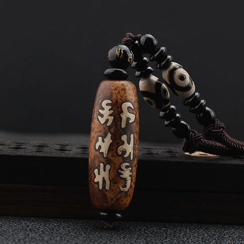 Karma Stone Tibet Om Mani Padme Hum Dzi Bead Avalokitesvara Pattern Wealth Necklace Pendant