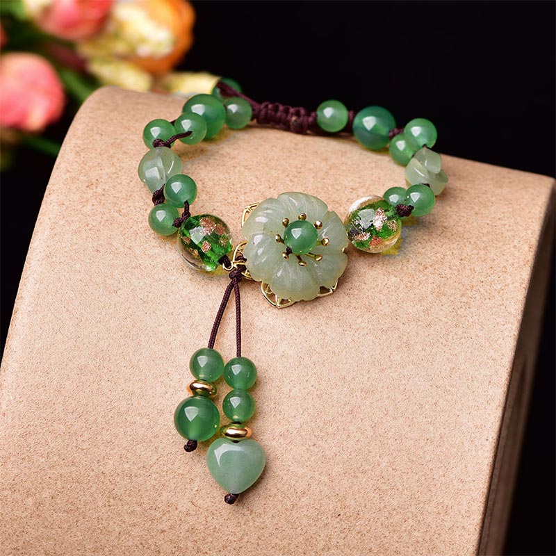 Karma Stone Natural Green Jade Luck Dangling Flower Bracelet