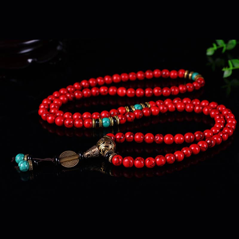 Karma Stone Tibetan Mara Red and Green Turquoise Lucky Beaded Prayer Bracelet Necklace