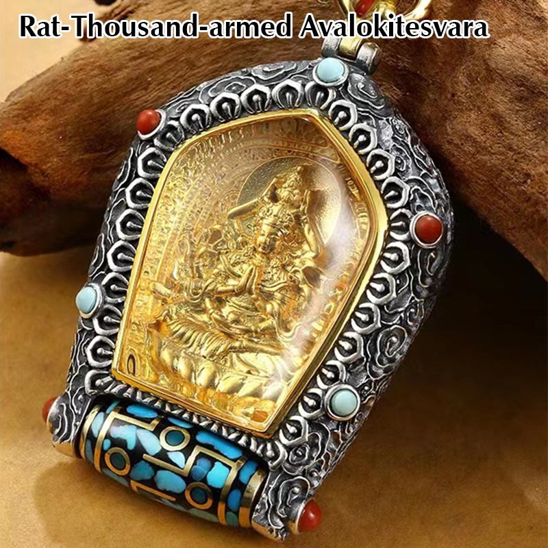 Karma Stone Tibet Chinese Zodiac Natal Buddha Thangka Prosperity Rotatable Dzi Bead Necklace Pendant