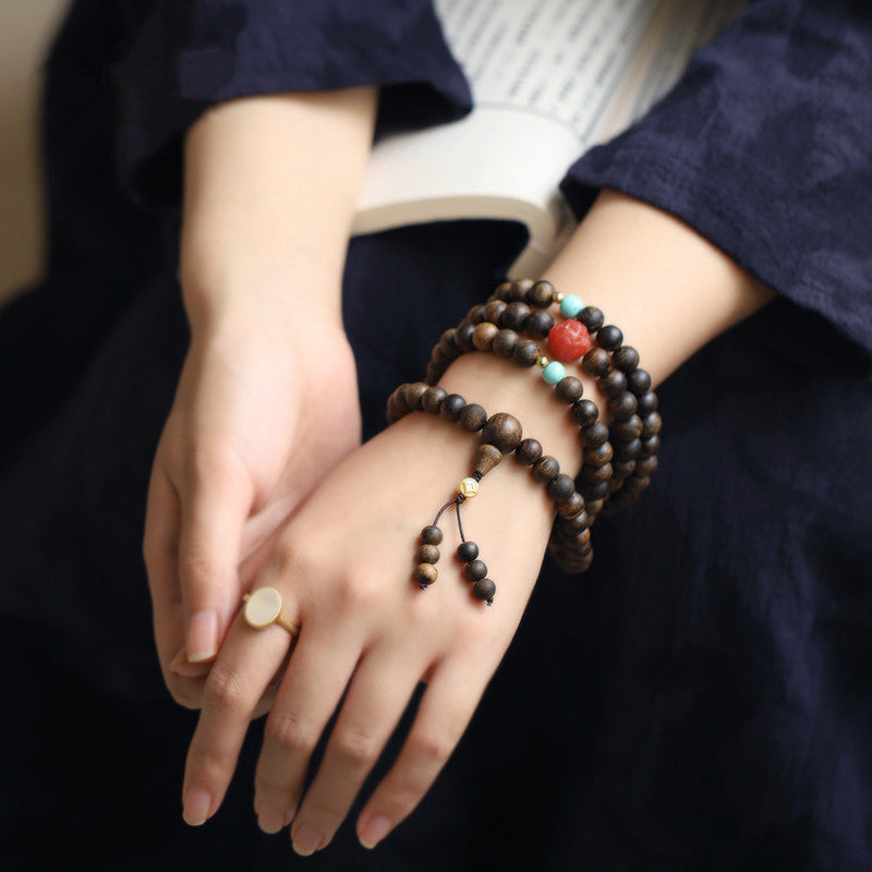 Karma Stone 108 Mala Beads Agarwood Red Agate Turquoise Peace Meditation Bracelet