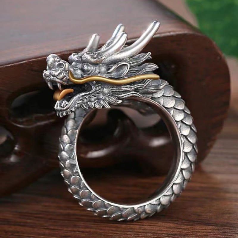 Karma Stone 925 Sterling Silver Vintage Dragon Design Protection Strength Adjustable Ring