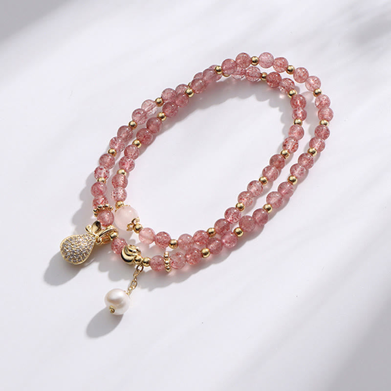 Karma Stone Strawberry Quartz Money Bag Positive Charm Double Wrap Bracelet
