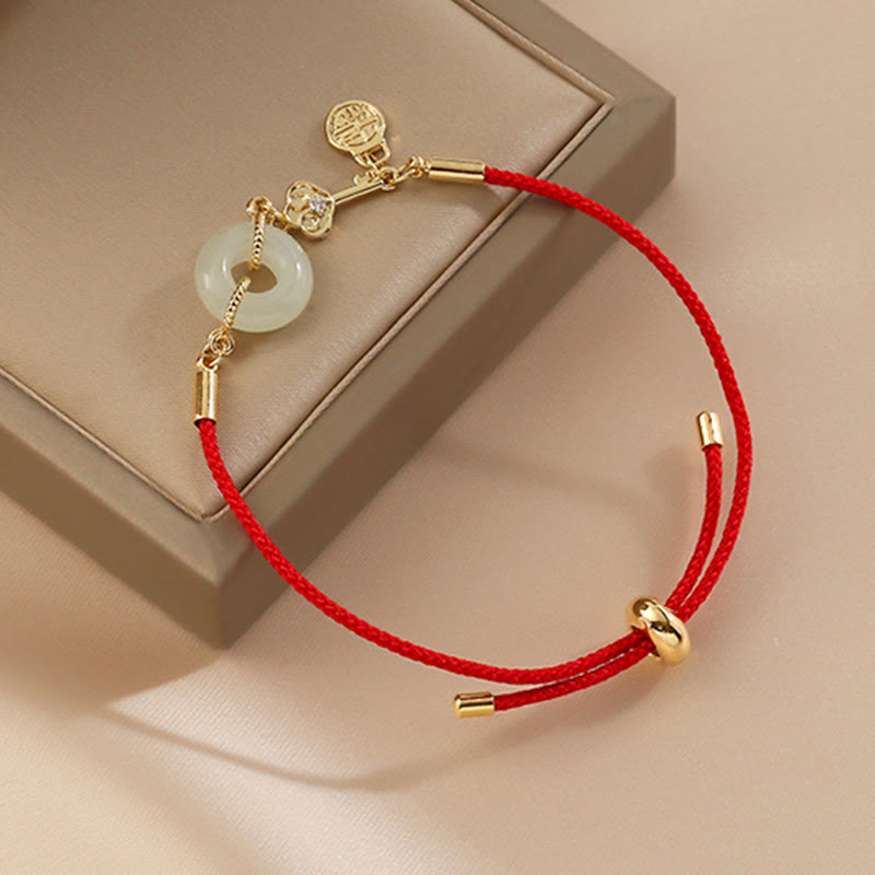 Karma Stone 18K Gold Plated Hetian Jade Peace Buckle Fu Character Luck Red Rope Bracelet