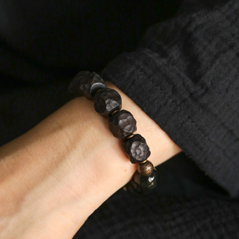 Karma Stone Black Obsidian Ebony Wood Copper Strength Couple Bracelet