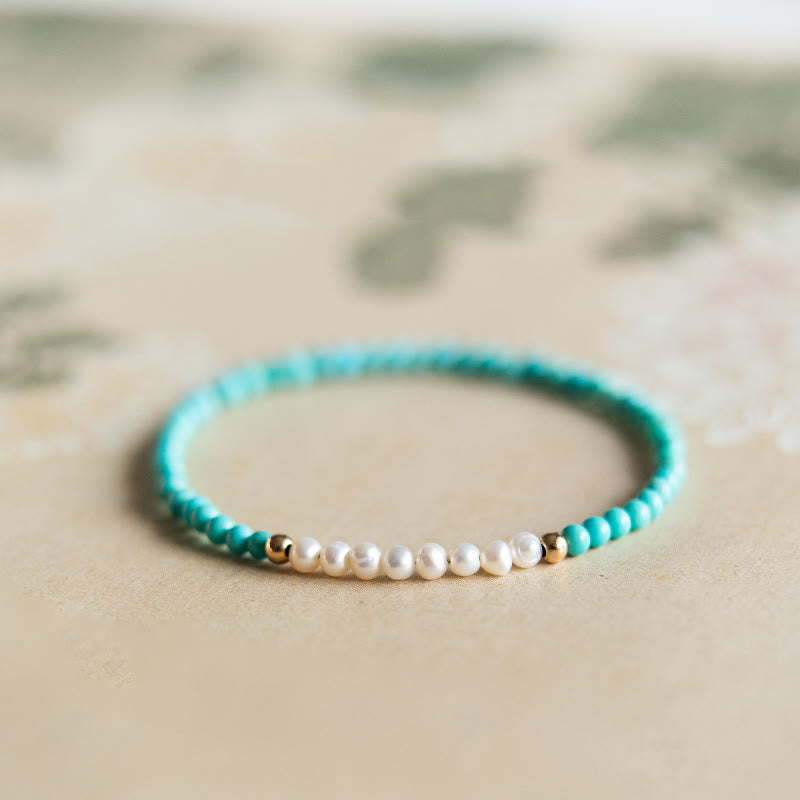 Karma Stone 925 Sterling Silver Natural Turquoise Pearl Beaded Bracelet