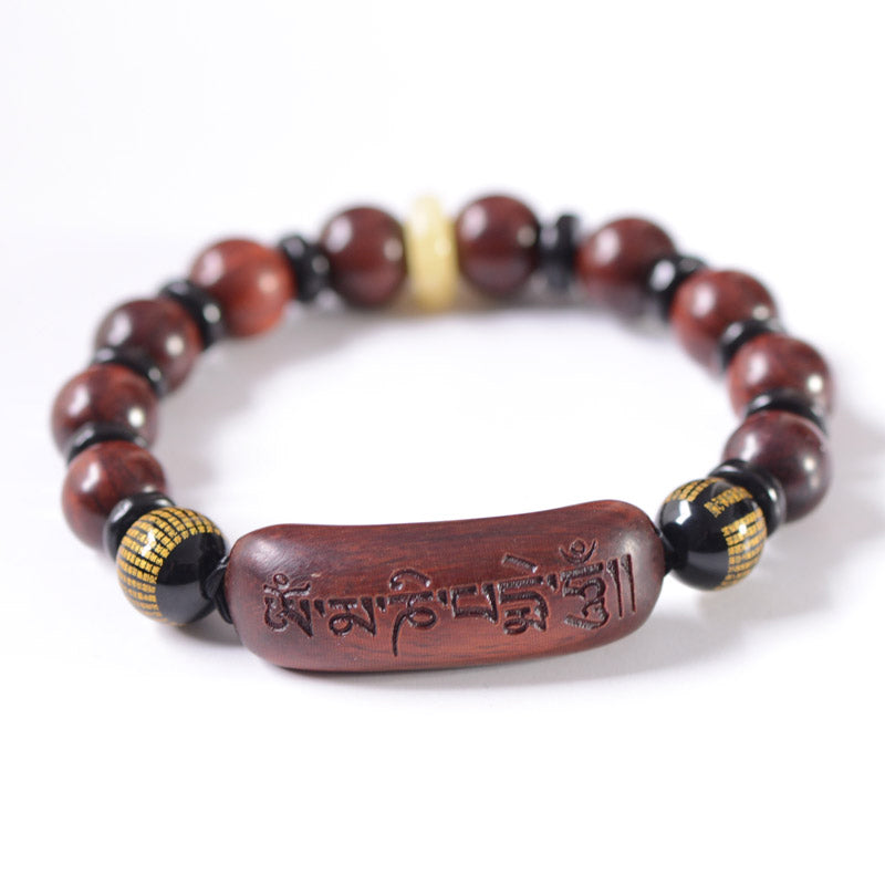 Karma Stone Small Leaf Red Sandalwood Om Mani Padme Hum Engraved Protection Bracelet