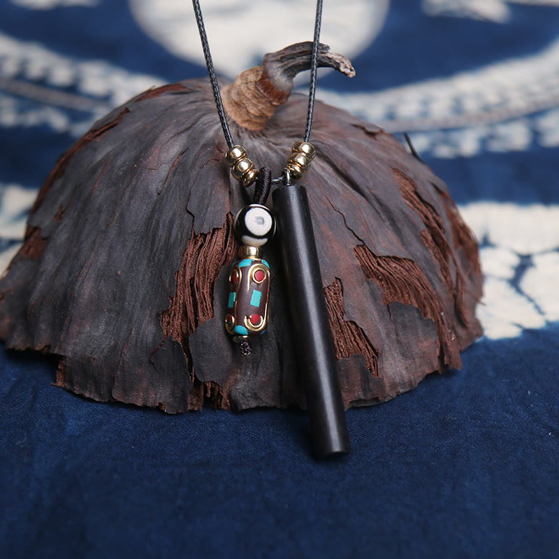 Karma Stone Tibetan Ebony Wood Dzi Bead Peace Calm Necklace Pendant