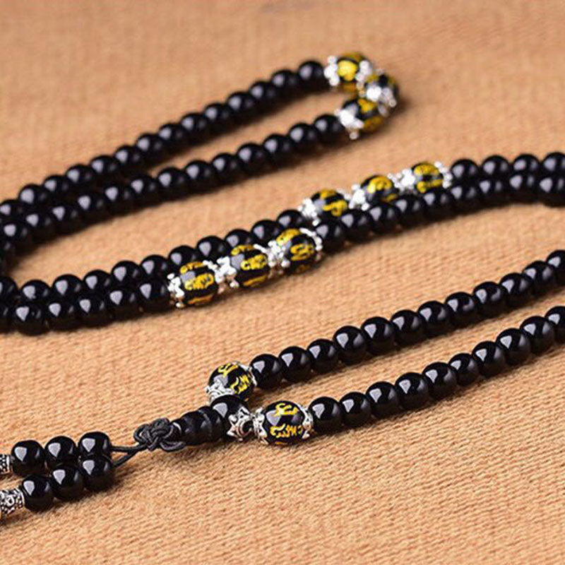Karma Stone Black Obsidian Six True Words Protection Mala Bracelet