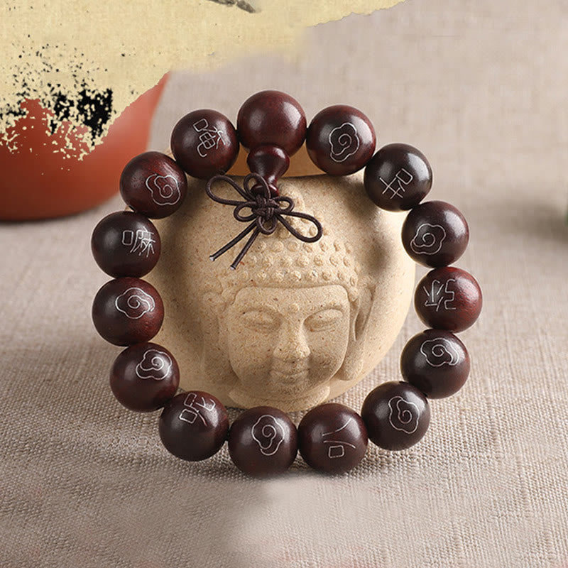 Karma Stone 925 Sterling Silver Inlaid Small Leaf Red Sandalwood Om Mani Padme Hum Character Auspicious Clouds Protection Bracelet