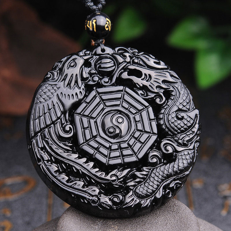 Karma Stone Bagua Dragon Phoenix Obsidian Fulfilment Pendant Necklace