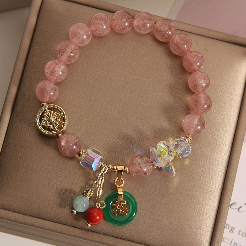 Karma Stone Strawberry Quartz Jade Fu Character Charm Healing Bracelet
