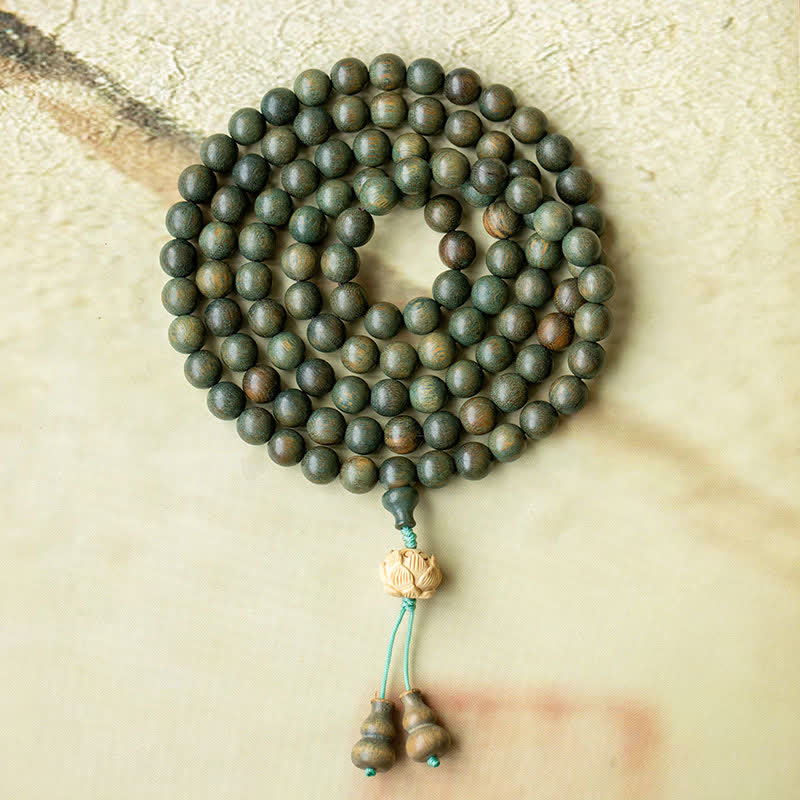 Karma Stone 108-Bead Rosary Green Sandalwood, Boxwood, Lotus, Auspicious Wooden Rosary Bracelet