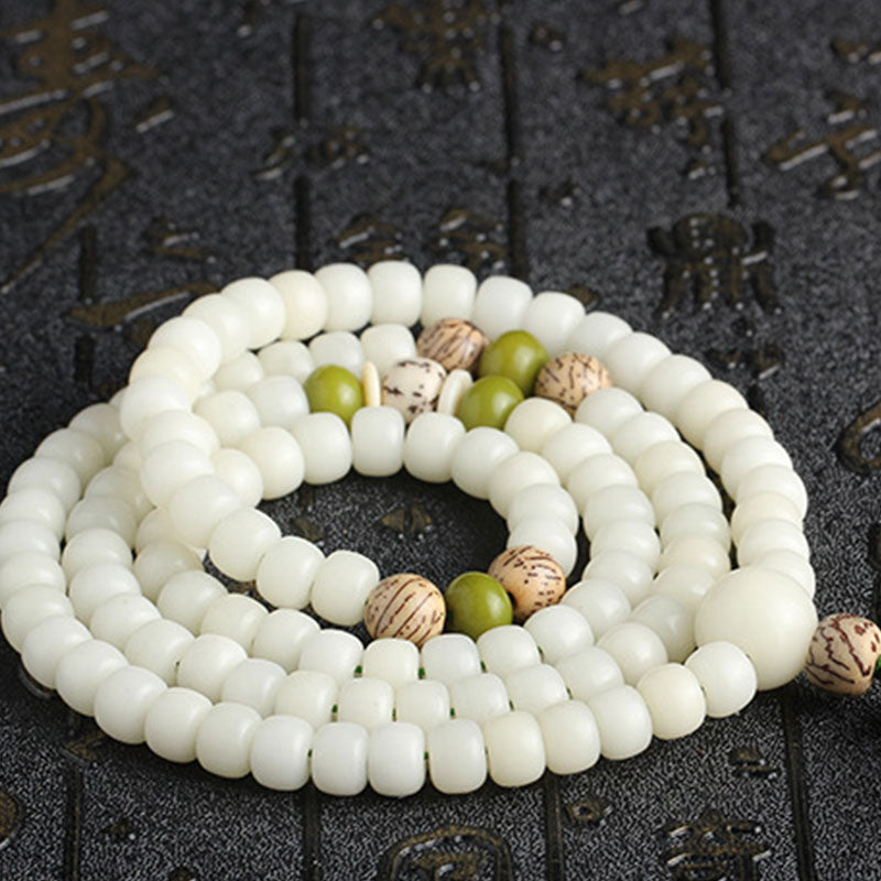 Karma Stone White Jade Bodhi Lotus Mala Harmony Necklace Bracelet