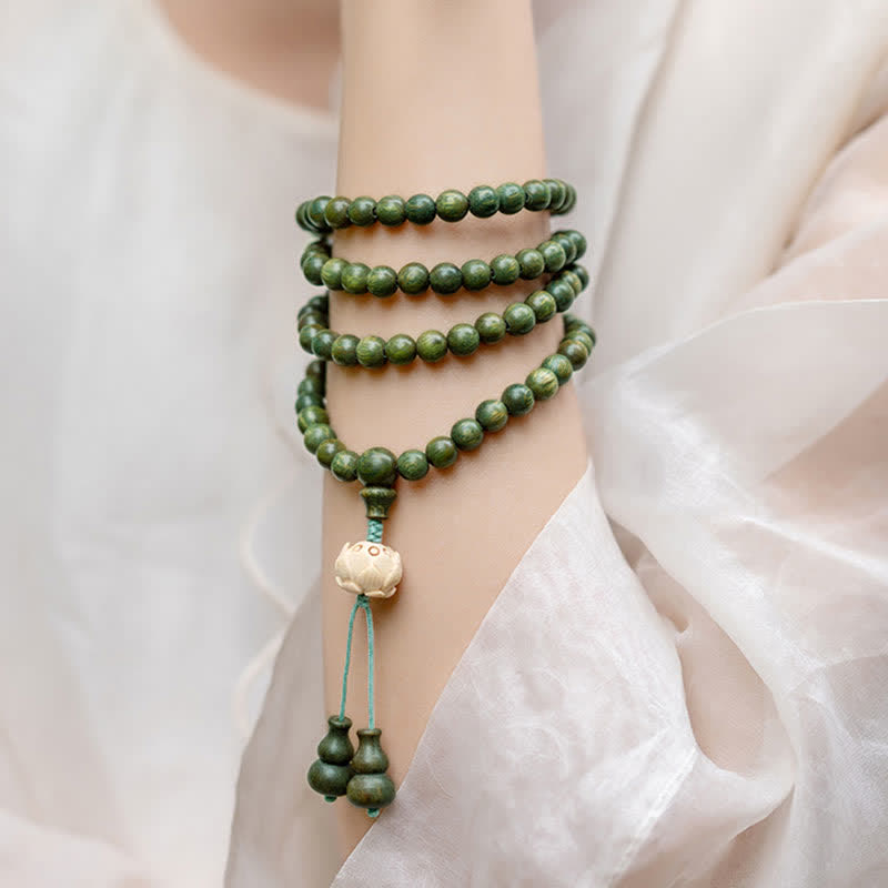 Karma Stone 108-Bead Rosary Green Sandalwood, Boxwood, Lotus, Auspicious Wooden Rosary Bracelet
